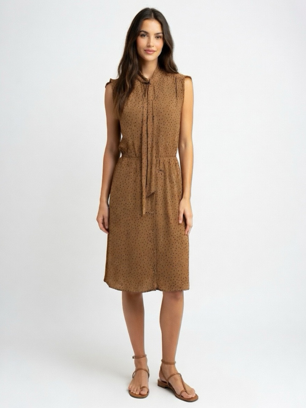 Babaton 100% Silk Tan & Black Tie-Neck Button Sleeveless Dress